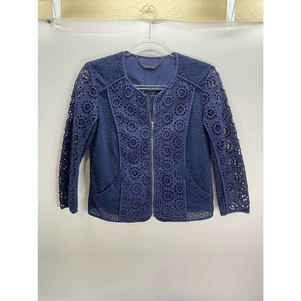 Trina Turk Navy Blue Lace Blazer Sweater Jacket 3/4 sleeve Size 4